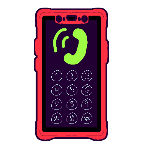 A drawing of a modern smartphone on the call screen. The phone has a red case, a dark purple screen, and no face buttons. The screen displays a green icon of a landline phone with some waves coming off of it, and circular buttons with the numbers 1 through 9, and 0, as well as the star (＊) and pound (#) keys below.